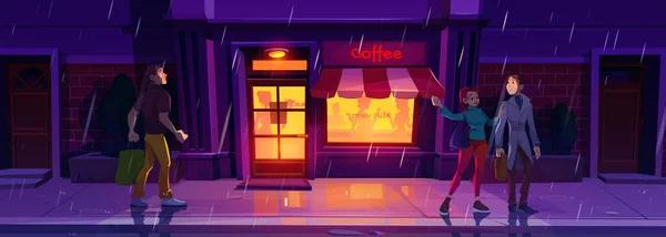 雨や男の夜の通りバーの入り口の漫画の背景に移動します テーブルの近くでシルエットのディスカッションティーとリラックス 夜のイラストでカフェの外観 カフェテリア前店のデザイン — ストックベクタ