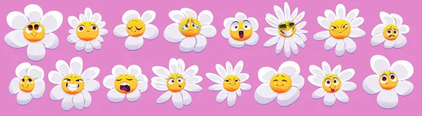 Mignon Caractère Fleur Marguerite Avec Visage Souriant Différentes Émotions Camomille — Image vectorielle