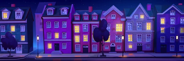 Noční Skandinávská Ulice Osvětlovala Oknech Hygge Světla Vektorové Kreslené Ilustrace — Stockový vektor