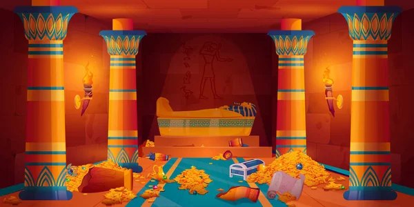 古埃及庙宇卡通游戏的背景与坟墓 古代文明宫殿内部金字塔资产为应用程序伊 黄金财宝 纸莎草和石棺 有火光的火把 — 图库矢量图片