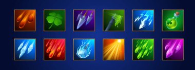 Sihirli büyülerin ve yeteneklerin fantezi oyun ikonları. Oyun arayüzü elementleri beceri efektleri, ateş, şimşek, buz kristalleri, oklar ve iyileştirme iksiri, vektör karikatür kümesi