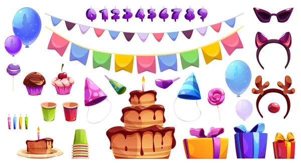 Nettes Geburtstagsparty Element Mit Kuchen Vereinzelter Luftballon Hut Lichterkranz Und — Stockvektor
