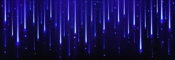 夜空に流星雨の現実的な青の光の効果 透明背景に輝く秋の星のベクトルイラスト 概要キラキラ輝く照明パターン ティンセルカーテン — ストックベクタ