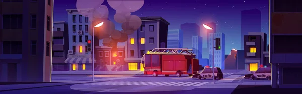 城市街道上的房子 消防车和警车在夜间起火 燃烧着的城市建筑 窗户上有火焰 路上有黑烟和红色紧急救援车 病媒卡通画 — 图库矢量图片