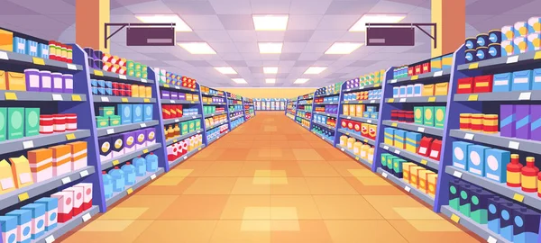 食品店和货架上有带传病媒介背景的走廊 超级市场内部背景视图 超级市场上的商品 货架上摆满了商品可供购买 — 图库矢量图片