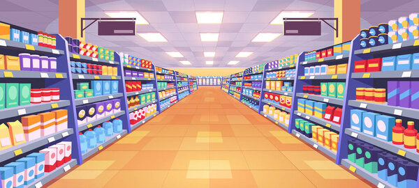 Aisle in grocery store and shelves with food vector background. Supermarket interior background perspective view. Merchandise in hypermarket with display shelf full of products to buy.
