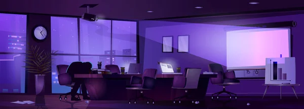 Night Boardroom Office Projector Light Overworked Meeting Room Vector Cartoon — Stock Vector