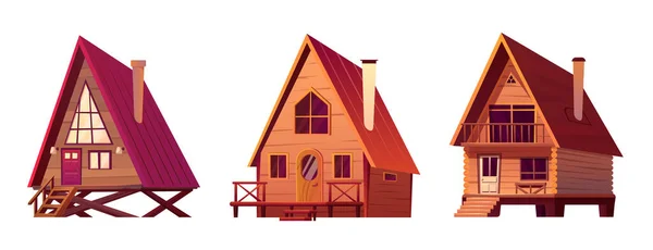 Cartoon Holzhütte Kleines Kabinenvektorset Bungalowgebäude Mit Dach Tür Und Fenster — Stockvektor
