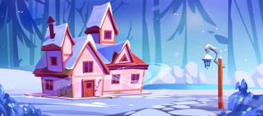 Kış ormanı açıklığındaki pembe kırsal ev donmuş gölün yanında. Karlı ladin ağaçları, mavi nehir ve eski fenerle çevrili kır evi binasının vektör çizimi. Oyun arkaplanı