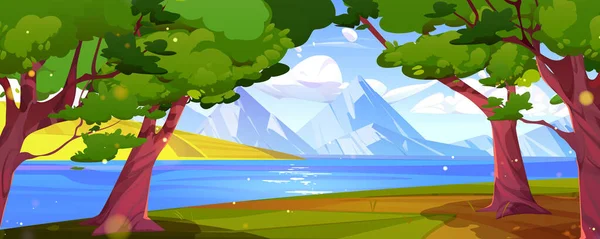 Mountain valley landscape with lake, trees and fields. Summer scene of nature park, garden, river, farm fields with green grass and snow rocks on horizon, vector cartoon illustration