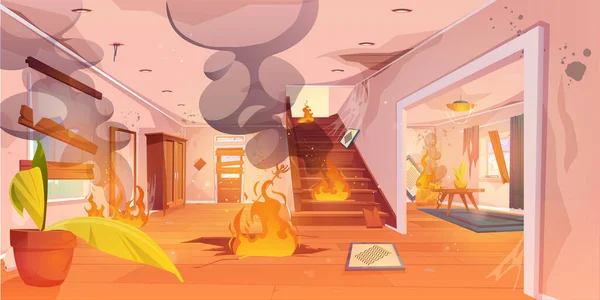 Горящий Огонь Внутри Дома Сцена Несчастного Случая Дымом Пламенем Доме — стоковый вектор