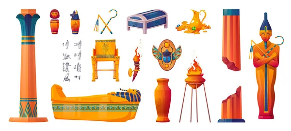 古埃及的象征 神和法老的雕像 金字塔的财宝 红宝石 象形文字和石棺 埃及文明的标志 黄金王座 花瓶和柱子 病媒卡通集 — 图库矢量图片