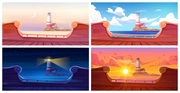 夜以继日地从旧木船上俯瞰灯塔岛 在岩石陆地上的航塔 美丽的日出和日落在海面上的矢量卡通画 游戏探险之旅 — 图库矢量图片