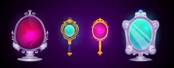 stock vector Vintage magic mirror with frame cartoon game illustration. Vector ui princess or witch object for fantasy or fairytale medieval interface. Antique decorative oval asset isolated on dark background.