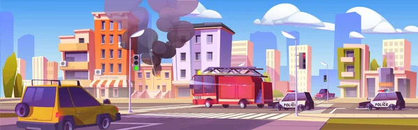 Edificio Ciudad Llamas Ilustración Dibujos Animados Camiones Bomberos Incidente Incendio — Vector de stock