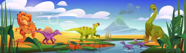 晴れた日には川から水を飲む漫画恐竜 火山噴火と熱帯の風景の上に古代ジュラ紀の動物のベクトル漫画のイラスト 先史時代の冒険ゲームの背景 — ストックベクタ