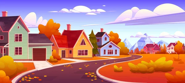 秋天的乡村风景 有村庄的房屋和山峦 乡村风景 有别墅 秋天的草和道路 病媒卡通画 — 图库矢量图片