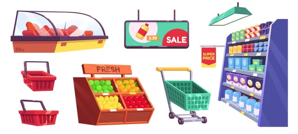 Prateleiras Supermercado Loja Mercado Vitrines Com Mercearia Stand Com Frutas —  Vetores de Stock