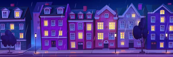 斯堪的纳维亚夜市街道上的雨矢量场景图解 城市景观 道路靠近住宅建筑 前面的城市全景欧洲城镇景观 晚上的市政厅建筑 — 图库矢量图片
