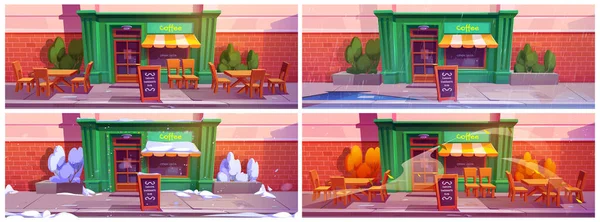 四季系列咖啡店外景 阳光明媚 春雨明媚时 城市咖啡店有大窗 街上桌子的病媒卡通画 — 图库矢量图片