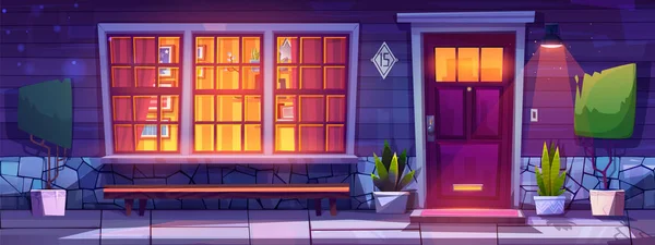Haus Veranda Und Eingangstür Der Nacht Vektor Cartoon Illustration Holzwand — Stockvektor