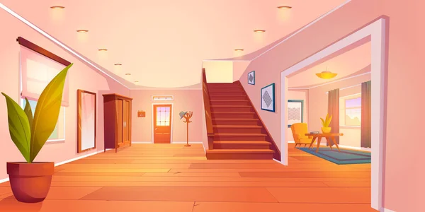 Cartoon Haus Flur Und Wohnzimmer Innenausstattung Mit Möbeln Vektor Illustration — Stockvektor