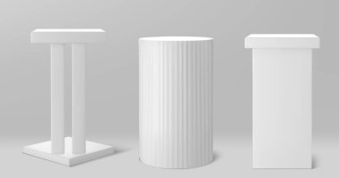 Beyaz 3d vektör kürsüsü. Ürün sunumu için silindir ve kare sütun platformu. Müzede sunum için gerçekçi, boş bir sahne. Işık ve gölgeli gösteri odası modeli sergisi.
