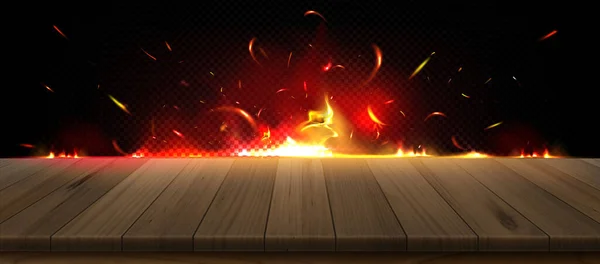 キッチン木製のテーブルベクトルの背景に現実的な火災炎 空の木の机の表面の下の火花と煙からの光 ボード上の熱フレークとオレンジと赤のたき火のイラスト — ストックベクタ