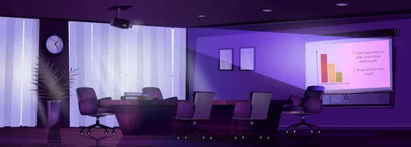 인테리어 디자인 어두운 사무실의 화이트 보드에 표시된 프레젠테이션 다이어그램 의자가 — 스톡 벡터