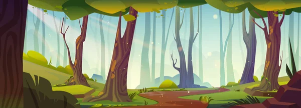 Ścieżka Letnim Lesie Słoneczny Dzień Ilustracja Wektorowa Lasu Zielonymi Drzewami — Wektor stockowy
