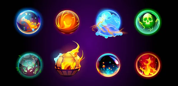 stock vector Isolated magic prophecy sphere vector icon. Glow crystal energy orb ball for fantasy game object. Circle light globe magician element for prediction set. Shiny fireball with flame illustration.