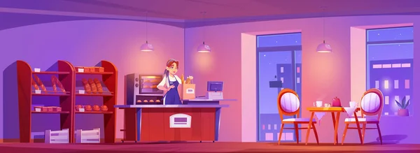 Продавщица Работающая Ночью Пекарне Векторная Карикатура Молодую Женщину Свежим Хлебом — стоковый вектор