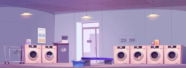 公共のランドリールームのインテリアデザイン 洗濯乾燥機 洗剤パウダーボックス 空のラックとベンチの行を持つ洗濯機のベクトル漫画のイラスト 清掃サービス — ストックベクタ