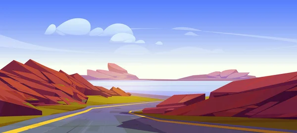 Bergweg Cartoon Landschap Achtergrond Natuur Lucht Met Wolkenlandschap Illustratie Asfalt — Stockvector