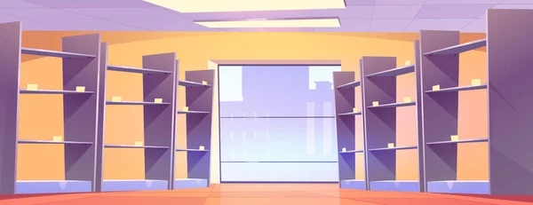 Blank Shelves Supermarket Aisle Cartoon Vector Background Empty Shelf Grocery — Stock Vector