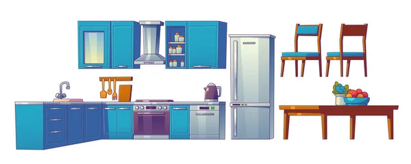 キッチンルーム漫画ベクトルインテリアテーブルと冷蔵庫で設定します 白い背景に隔離された家庭用ダイニング家具のイラスト ブルーの食器棚と調理器具キットとモダンなフラットデザイン — ストックベクタ