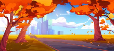 Autumn Caddesi manzarası. Şehir merkezine ve gökdelene giden yol boş. Modern binalar ve düşen portakal yapraklarıyla şehir karikatürü vektör arka planı. Panoramik orman manzarası konsepti.