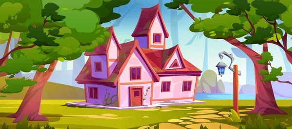 Рожевий Сільський Будинок Лісовій Галявині Біля Озера Векторна Мультиплікаційна Ілюстрація — стоковий вектор