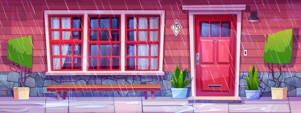 stock vector House facade with porch, door, window and red wall in rainy weather. Residential building front with mat on doorstep, plants and wooden bench in rain, vector cartoon illustration