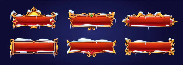 背景に雪で覆われた黄金のフレームで赤いゲームボタンの漫画セット 貴金属の装飾と宝石の装飾が施された長方形のGuiデザイン要素のベクトル図 — ストックベクタ