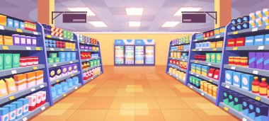 Süpermarket koridoru perspektifi. Renkli karton kutular ve yiyecek paketleriyle dolu ürün raflarının vektör karikatür çizimi, buzdolabında içecekler olan şişeler. Market departmanı