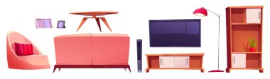 Evin içi için mobilya. Televizyon seti olan oturma odası, kanepe, koltuk, kahve masası, yer lambası, raflar ve çerçeve, beyaz arkaplanda izole edilmiş vektör karikatür çizimi