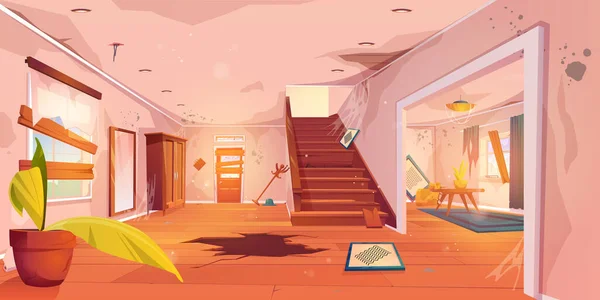 Verlassene Cartoon Haus Flur Und Unordentliches Wohnzimmer Mit Kaputten Möbeln — Stockvektor