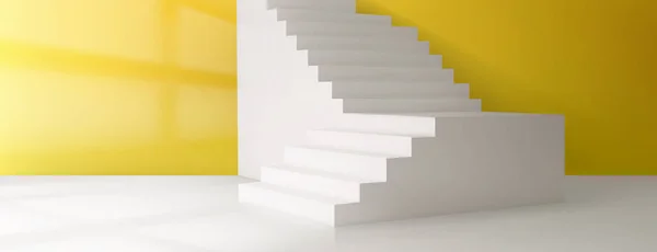 黄色の壁の背景を持つ3Dベクトルルーム 製品のための階段と最小限の幾何学的現実的な台座 プラットフォーム付きのパースペクティブビューレイアウト ウィンドウからの光 最小限のプレゼンテーション — ストックベクタ