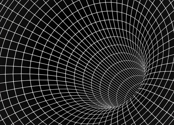 3Dファネルやポータル上の白いワイヤーフレームワームホール グリッドホール ラインワープ 抽象幾何学的メッシュベクトルイラストのグラフィック錯覚 — ストックベクタ