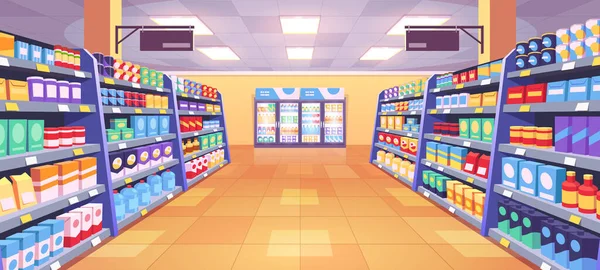 超级市场通道的观点 病媒卡通画的产品货架上满是彩色纸板箱和食品包装 瓶子里有饮料在冰箱里 百货商店部 — 图库矢量图片