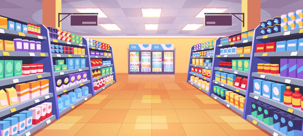 Supermarket aisle perspective view. Vector cartoon illustration of product shelves full of colorful cardboard boxes and food packages, bottles with beverages in refrigerator. Grocery store department