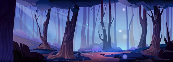 夜の漫画ベクトルの風景で森の中のパス 魔法の森の道と木のシルエット ダークブルーの自然おとぎ話のパノラマビュー 幻想的で神秘的な夕暮れ屋外イラスト — ストックベクタ
