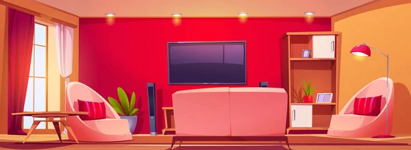 赤い壁 テレビ ソファ バックビュー漫画のベクトルの背景とリビングルームのインテリア 棚の上の植物と明るいアパートでソファとアームチェア 空のリビングルームの現代的な屋内フラットイラスト — ストックベクタ