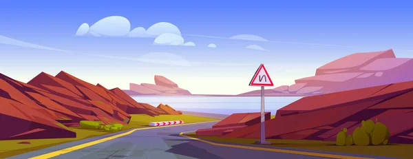 蜿蜒的公路与高山和湖泊景观 向河流奔流的沥青路面的矢量卡通画 警告交通标志 地平线上的岩石 蓝天和蓬松的云彩 旅行历险 — 图库矢量图片